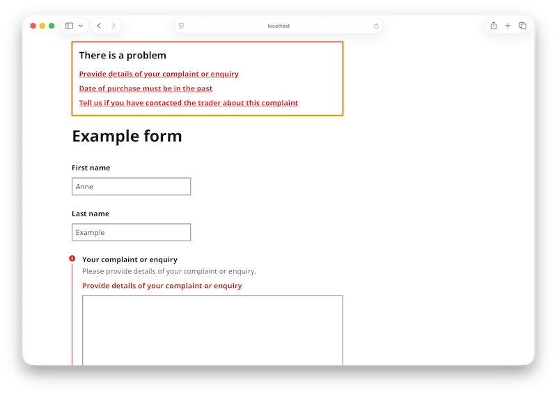 A Rails application showing an example form with validation errors
